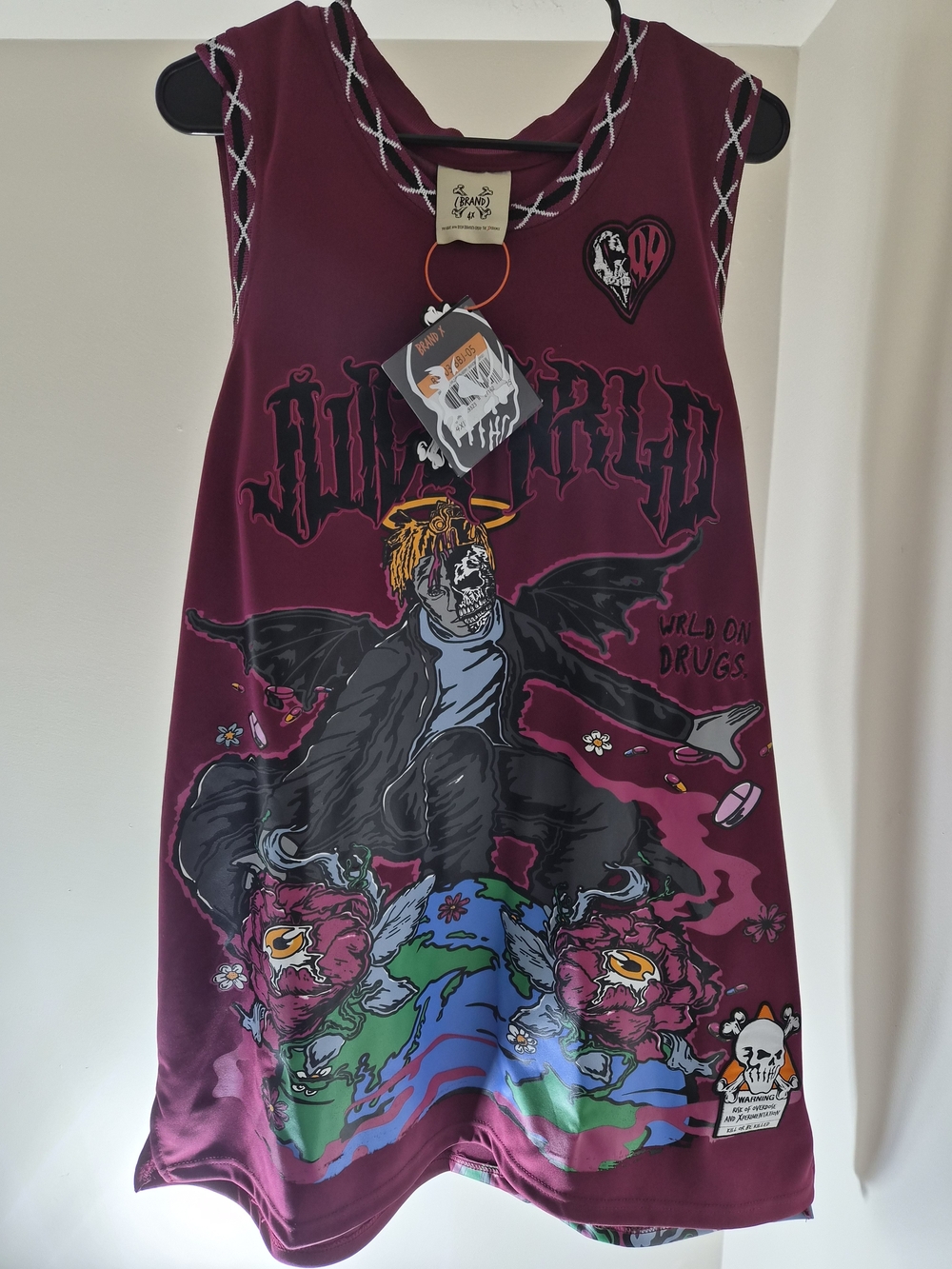 Graphic Maroon Sleeveless Dress with Skull Angel Print